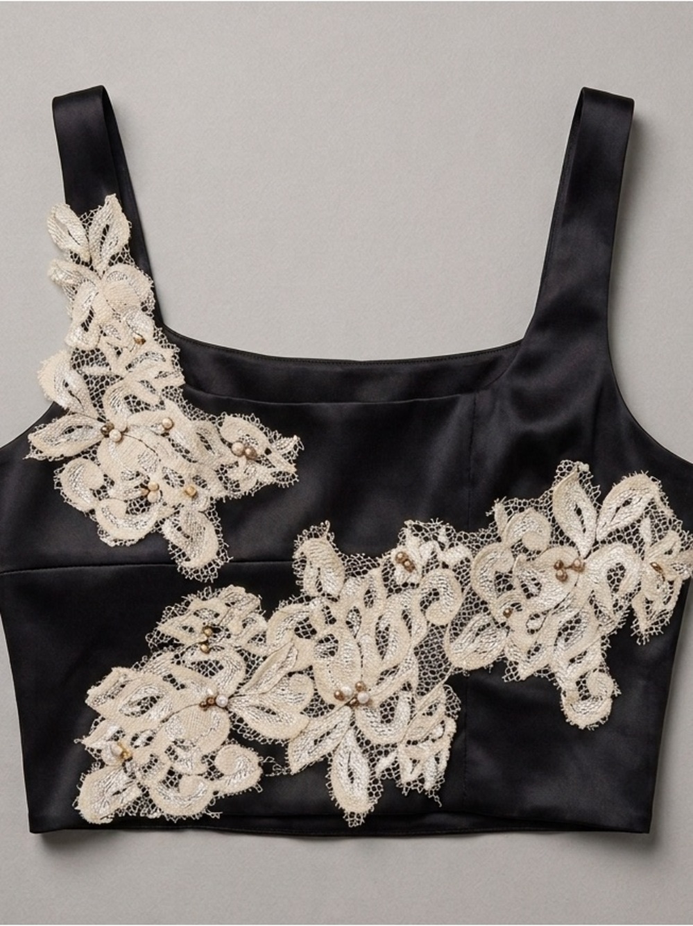 NWOT Black Satin Crop Tank with Ivory Lace Appliqué